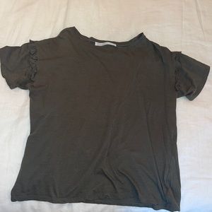 Dark green short sleeve t shirt with little frills on the sleeves, size medium